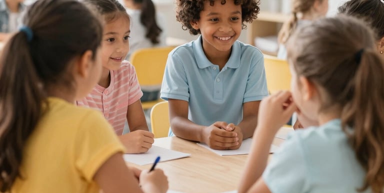 Small group of students collaborating on a hands-on art activity in a bright classroom.