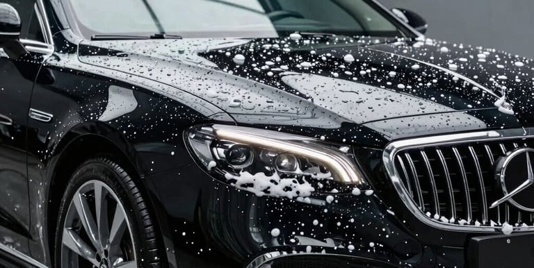 Close-up of sparkling clean shop windows reflecting a blue sky.
