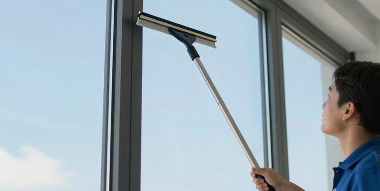 A professional cleaner washing a large glass window on a sunny day.