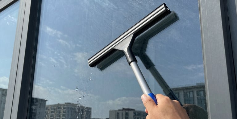 A professional cleaner washing a large glass window on a sunny day.