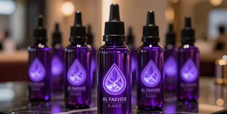 A close-up of Al Fakher e-juice bottles with glowing violet and electric purple labels, placed on a black marble counter in a luxury lounge, Middle Eastern / Dubai Gulf Region, neon backlighting.