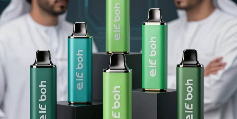 A collection of luxury Elfbar disposable vapes showcasing vibrant vape green colors, arranged on a premium dark geometric stand with a dark cybernetic background, Middle Eastern / Dubai Gulf Region mood, studio photography.