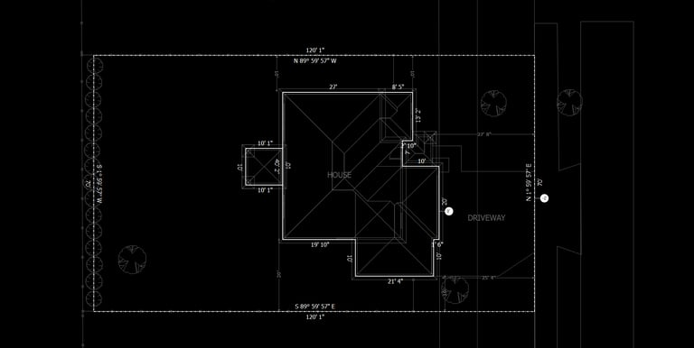 Architectural site plan diagram showing house layout, driveway, and property dimensions on a black background.