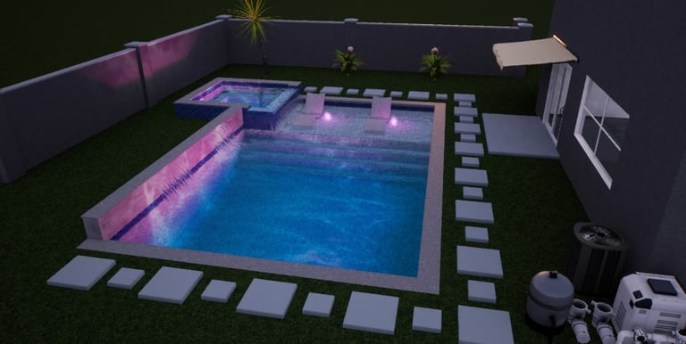 Modern backyard swimming pool with integrated spa, waterfall feature, and purple LED lighting at night.