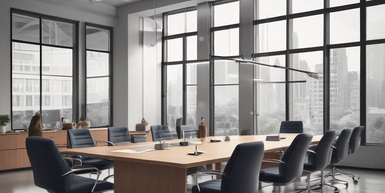 Team meeting in a sleek, minimalist conference room with blue and silver decor.