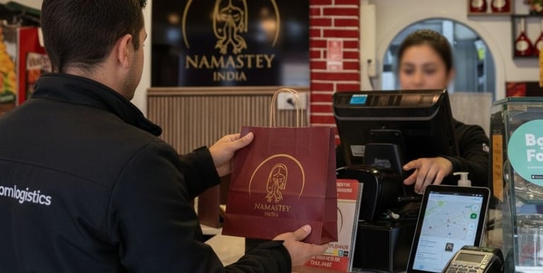 A delivery driver picking up a Namastey India takeout bag from a restaurant counter.