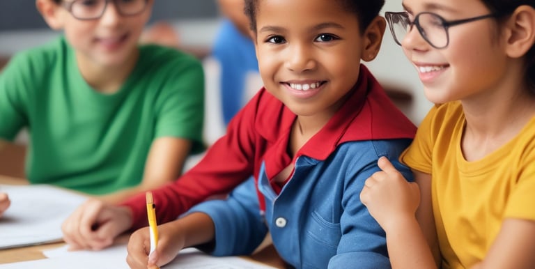 A group of students happily collaborating with a tutor in a bright, welcoming classroom.