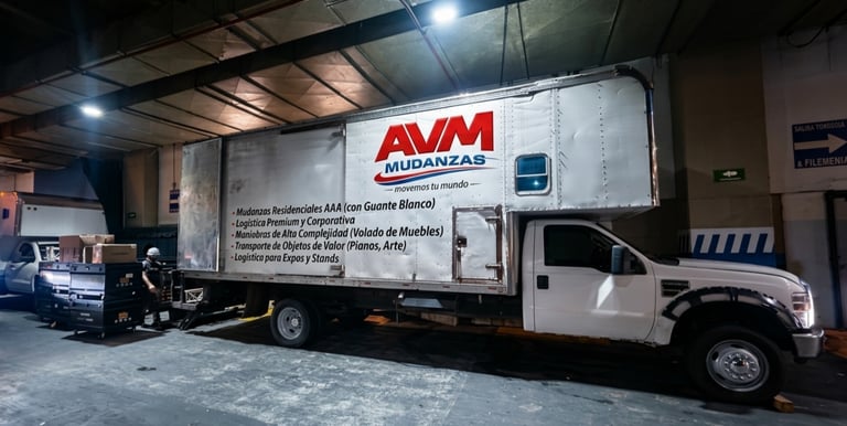 Un camión de mudanzas de AVM Mudanzas en CDMX haciendo un servicio de logística y transporte.