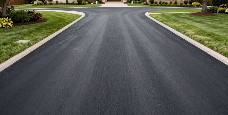 Close-up of freshly paved driveway with smooth black asphalt under bright sunlight.