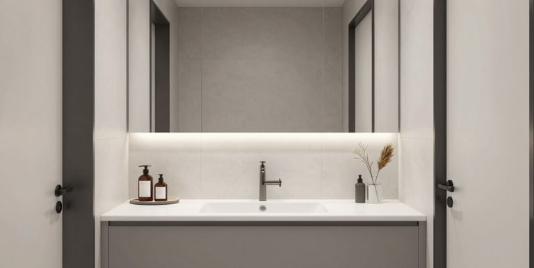 Photorealistic 3D rendering of a modern living room with warm natural light.