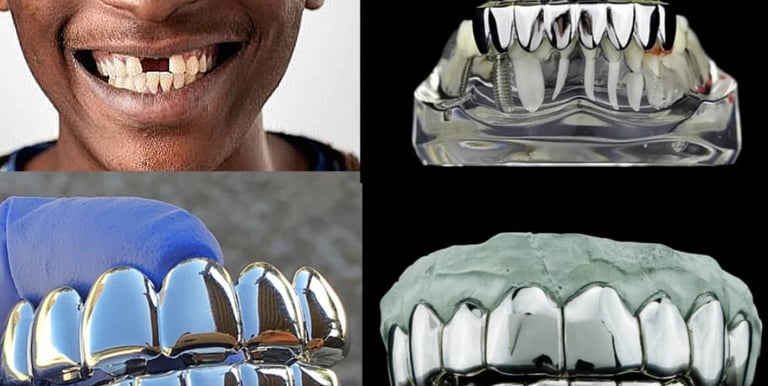 Grills argent sur mesure et couronnes chromées brillantes pour un sourire personnalisé