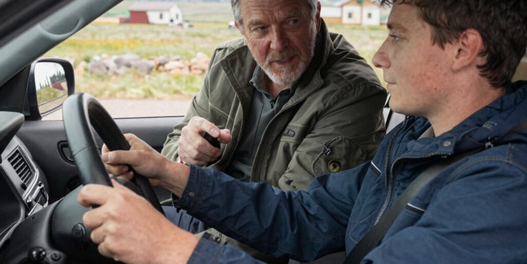 A friendly instructor guiding a teen driver through a quiet neighborhood street.