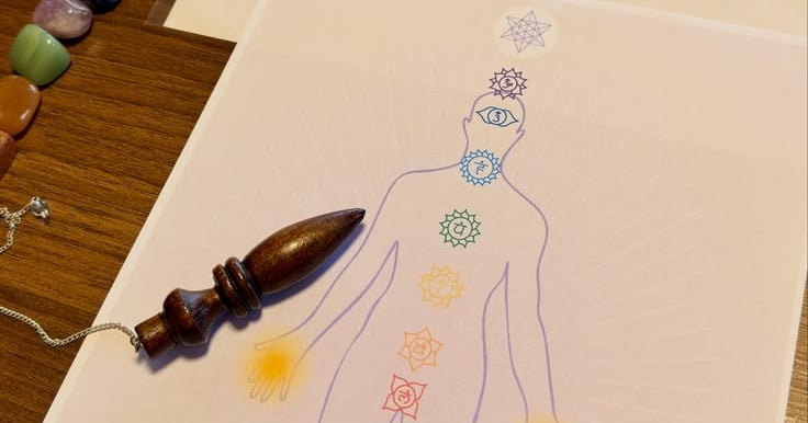 Un péndulo de madera descansa sobre una tabla de sanación de chakras, cerca de un biómetro Bovis y v