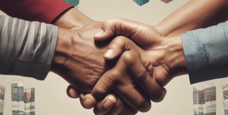 Close-up of hands exchanging goods symbolizing trade and distribution partnership.