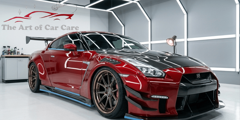Dettaglio professionale e tuning su una Nissan GTR rossa modificata all’interno del laboratorio TACC