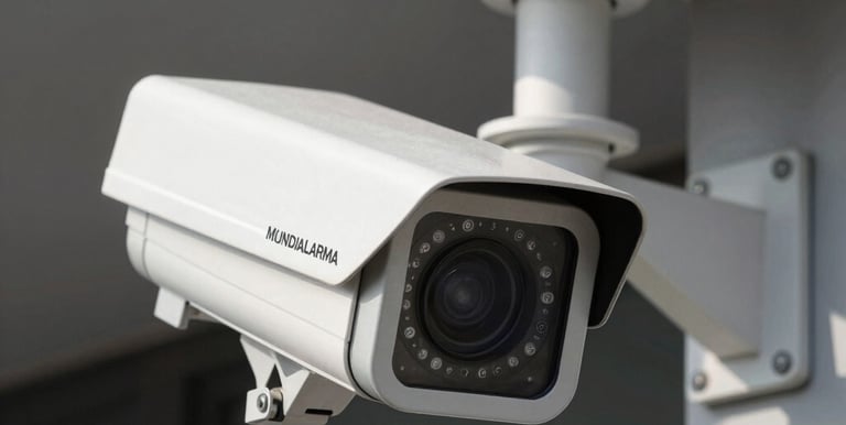 Close-up of a modern security camera mounted on a sleek black wall.