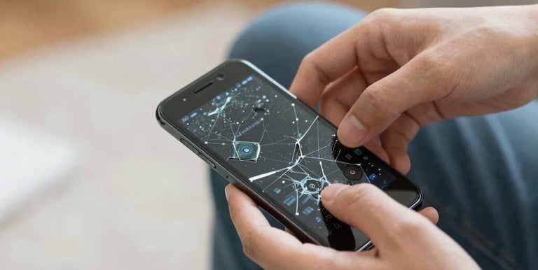 Technician carefully repairing a smartphone at a cozy workshop desk.