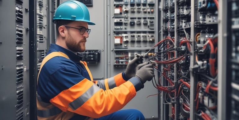 a man in a hard hat and safety glasses working on a computer