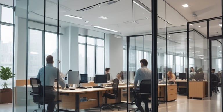 A professional consultant discussing business plans with clients in a modern office.