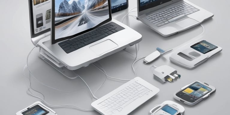 A sleek laptop and smartphone side by side on a wooden desk with soft natural light