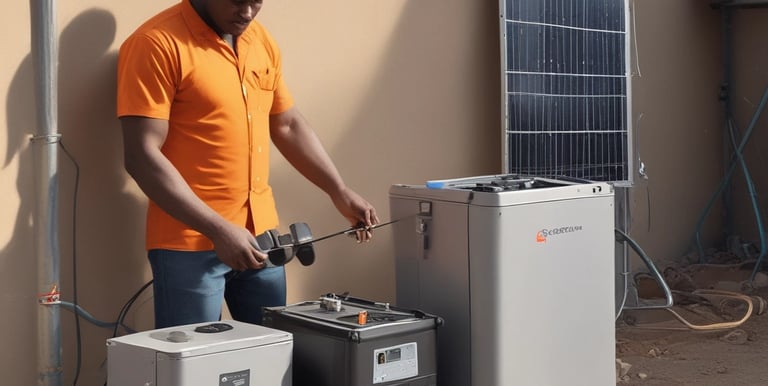 Close-up of high-performance lithium batteries connected to a hybrid solar system.