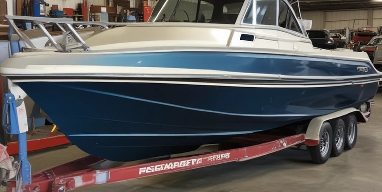 Close-up of a pontoon boat undergoing fiberglass and gelcoat restoration by a focused marine specialist.