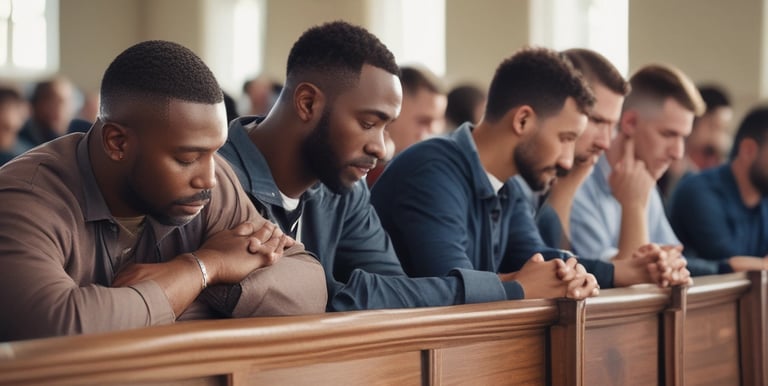 Men in fellowship sharing a moment of prayer and encouragement.