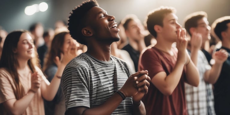 A vibrant group of youth gathered in worship, smiling and engaged.