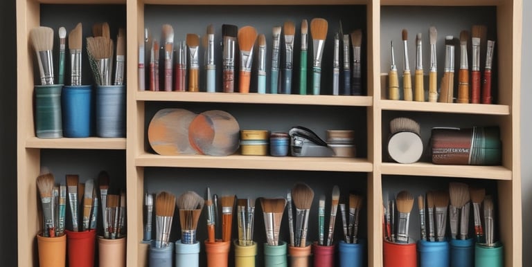 Close-up of vibrant paint cans with brushes ready for use