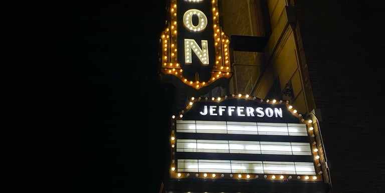 A LED signage outside of the Jefferson Theatre lighting up the night sky in Beaumont, Texas.