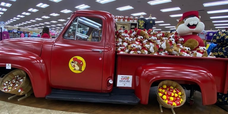 A photo of the beaver decor inside of Buc-ees Baytown, Texas.