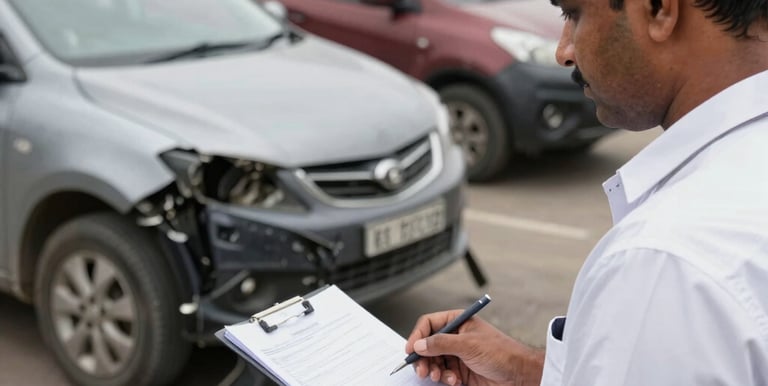 A professional surveyor inspecting a fire-damaged commercial building.