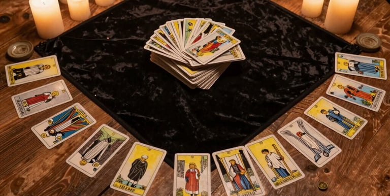 A softly lit wooden table adorned with herbs, crystals, and tarot cards under golden candlelight.
