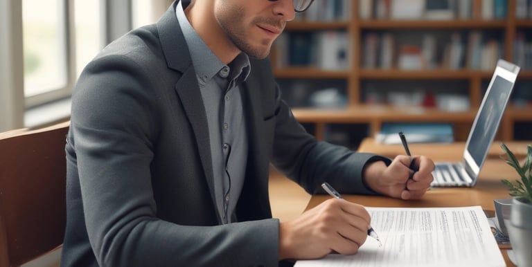 a man in a suit and glasses is sitting at a desk