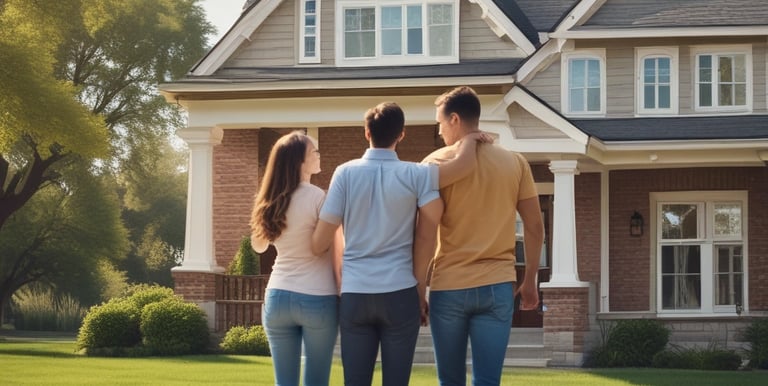 A calm office scene with a mortgage broker discussing loan options with a couple, surrounded by earthy blue decor.