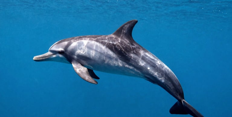 A serene moment of a small group floating quietly among wild dolphins under a bright sunny sky.