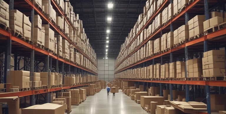 Photo of a consultant reviewing warehouse data on a laptop in a busy distribution center.