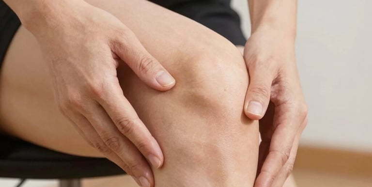 Close-up of multi-layer bandaging being applied to a patient's leg in a bright therapy room.