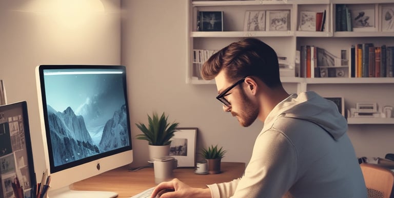 Close-up of hands typing on a sleek keyboard with a background of soft yellow and turquoise accents, evoking a minimalist tech environment.