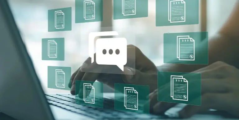 2 hands are working a laptop keyboard with various green documents.