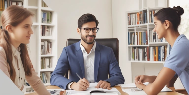 A consultant advising a student on university options.