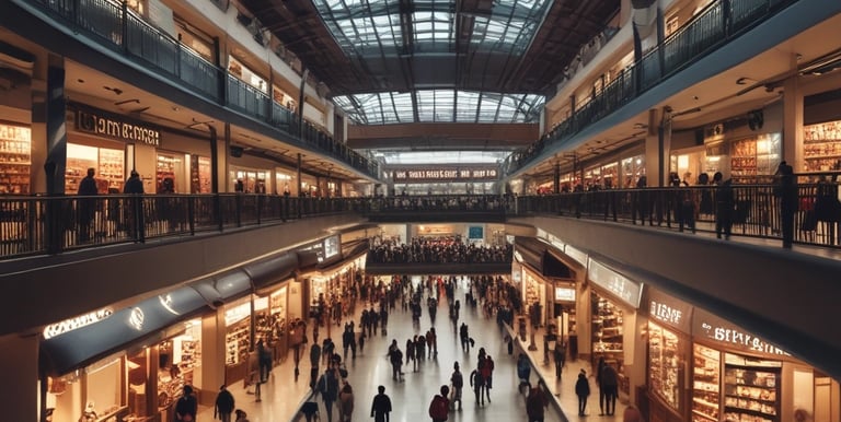 a group of people walking around a mall