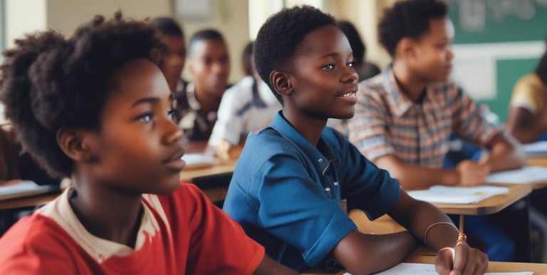 Young students in Ghana attentively learning computer skills in a bright classroom.