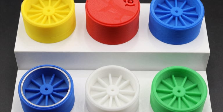 Colorful 3D printed stash containers arranged on a wooden table.