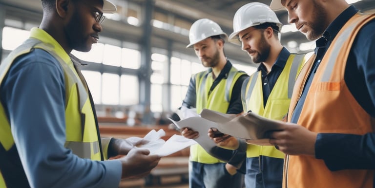 A logistics coordinator reviewing shipment documents in a busy warehouse.