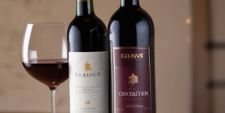 A rustic wooden table displaying an elegant bottle of red wine with a glass half-filled beside it