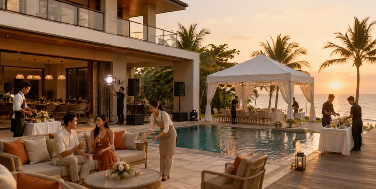 Luxury beach resort outdoor dinner event with a poolside lounge and ocean sunset view.