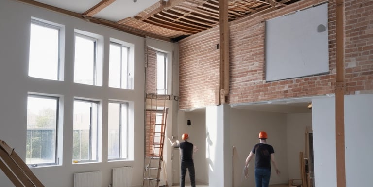 Construction site showing a partially built house with scaffolding and workers.