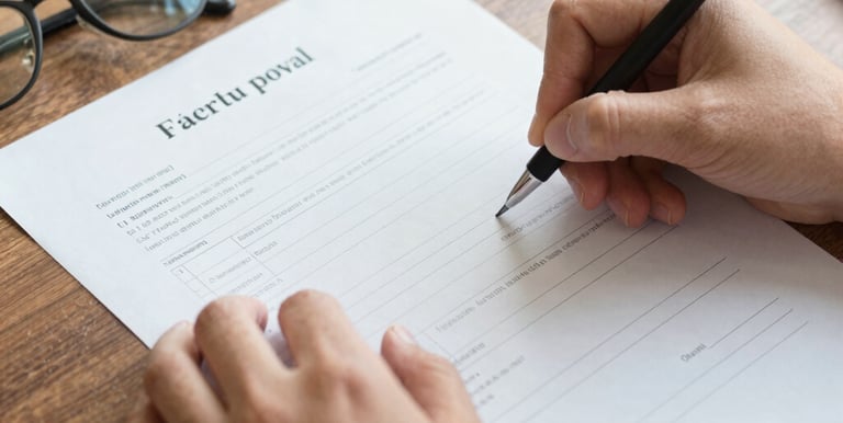 A person signs a paper business document on a clipboard next to a laptop.