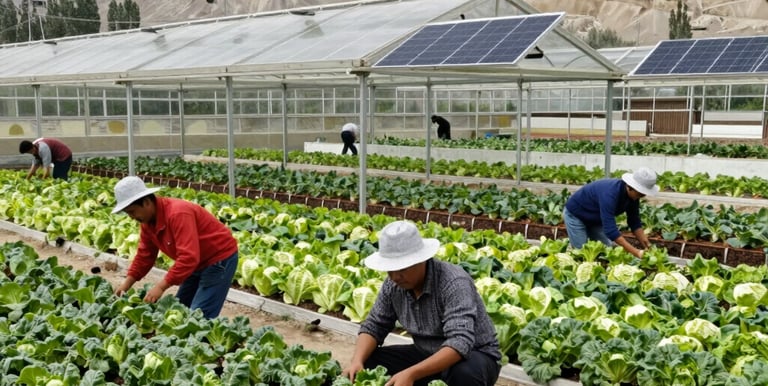 A vibrant smart greenhouse thriving with plants, set against Ladakh’s rugged landscape.